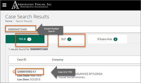 Screenshot of the docket number search