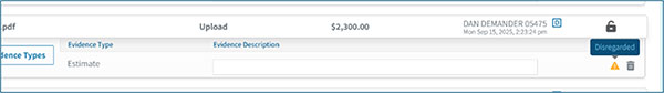 Screenshot of evidence types showing the disregard option