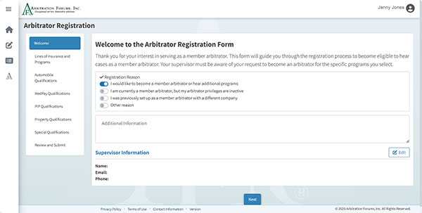 Screenshot of the new Arbitrator Registration Form